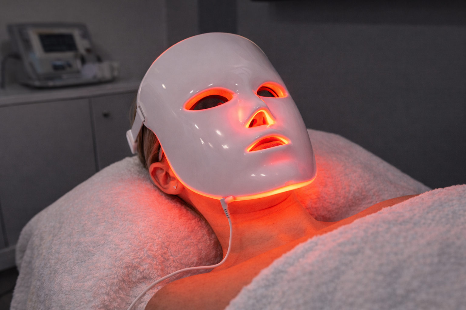 Standalone LED light therapy mask treatment in a clinical setting